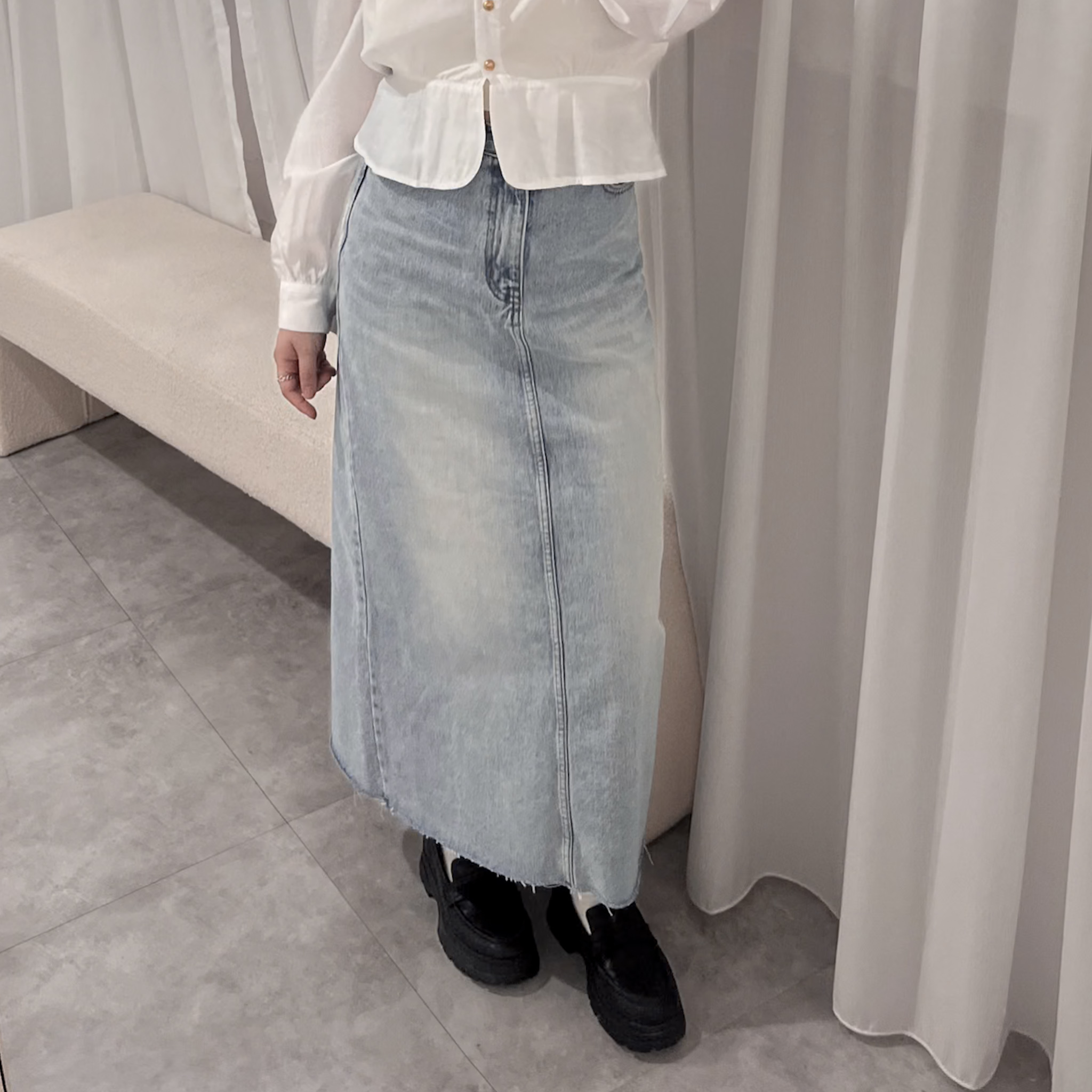 復古刷色後開衩牛仔裙(S)