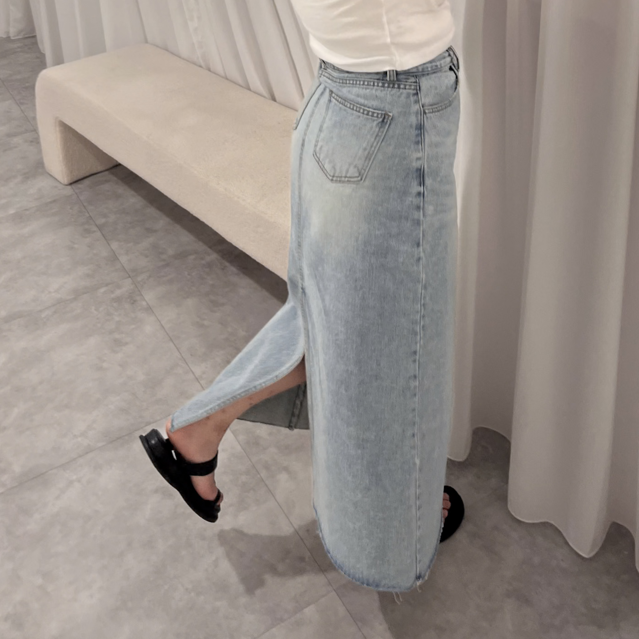 復古刷色後開衩牛仔裙(S)