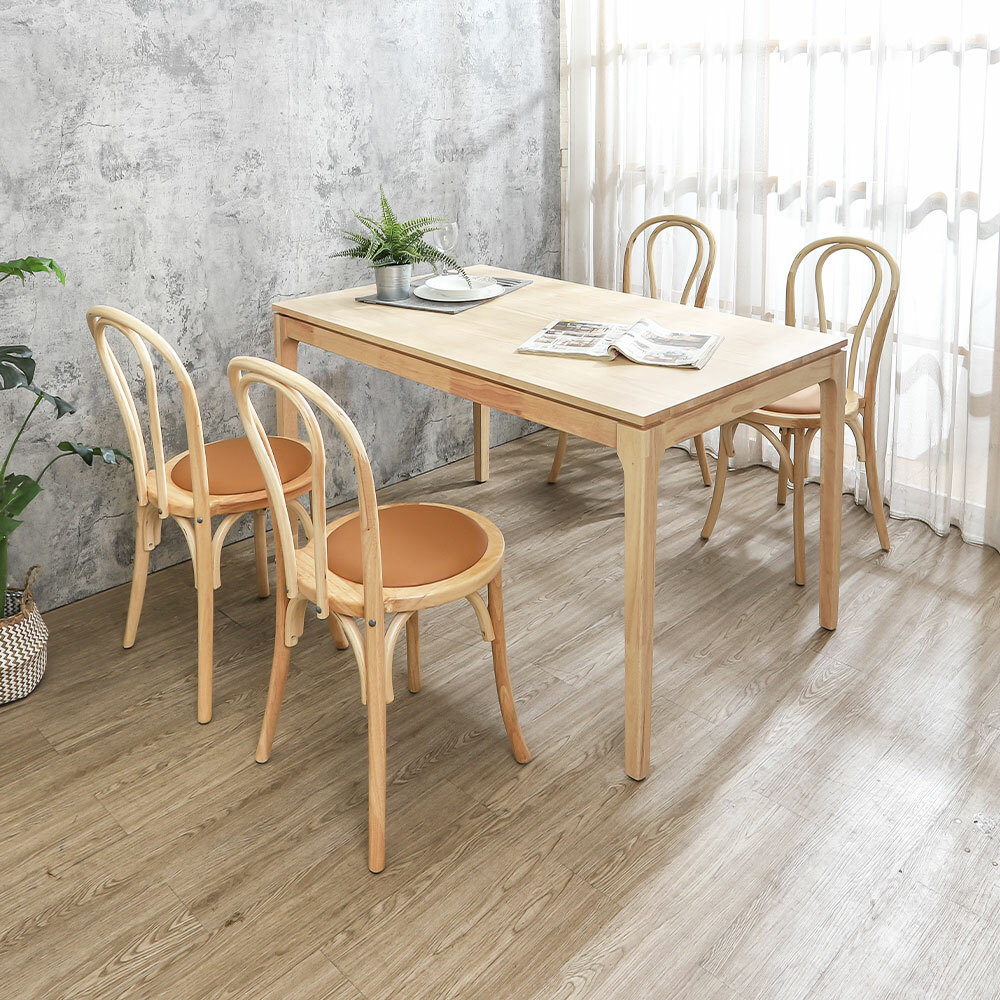 米克4.5尺實木餐桌+珊朵橘色皮革造型實木餐椅組合(一桌四椅)