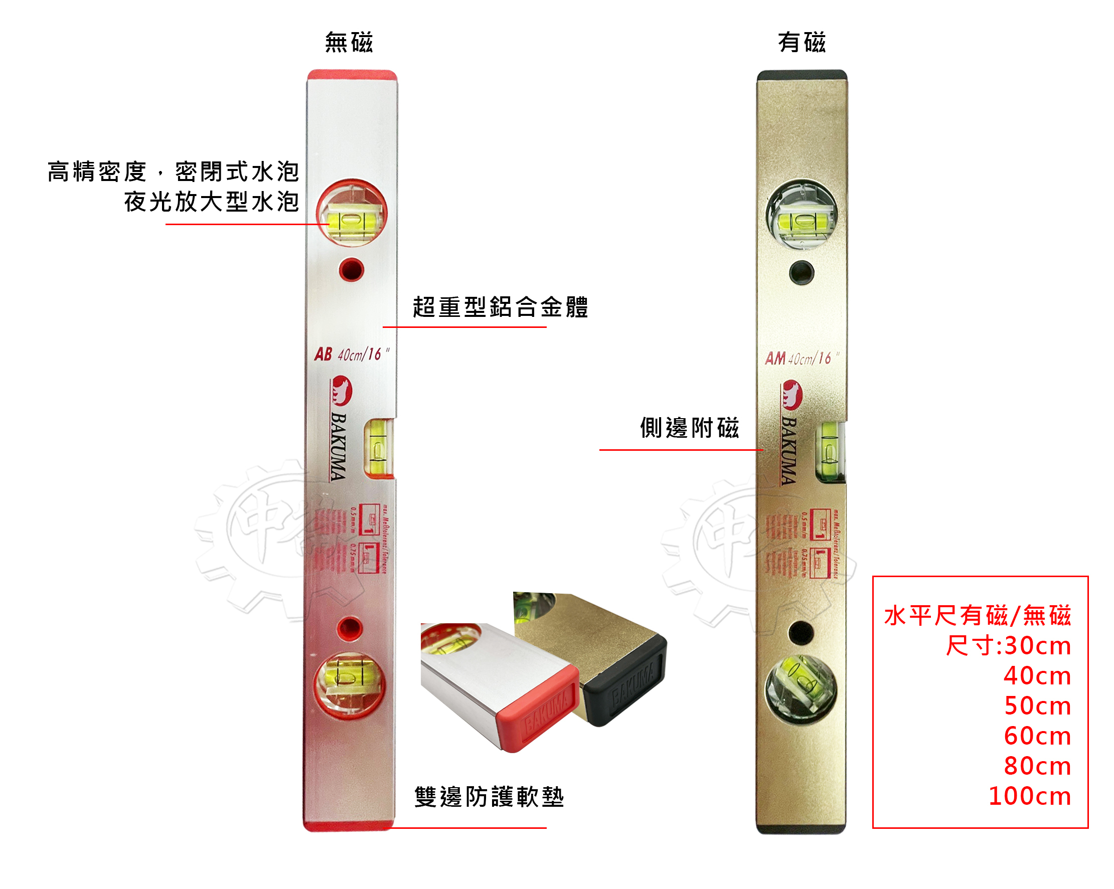 ＊中崙五金【附發票】日本熊牌 30/40/50/60/80/100公分 夜光放大三點氣泡 (無磁)水平尺 封密式 單售