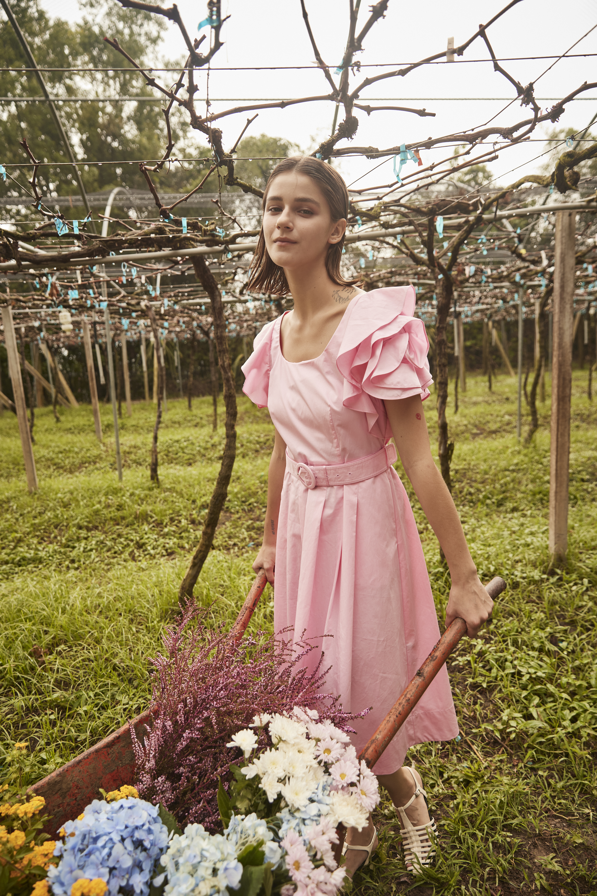 BE10009E1 玫瑰捲花袖中長洋 (附布腰帶)