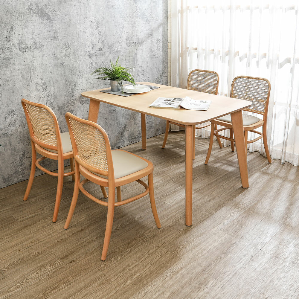 達姆4.5尺實木餐桌+皮革復古藤編造型實木餐椅組合(一桌四椅)