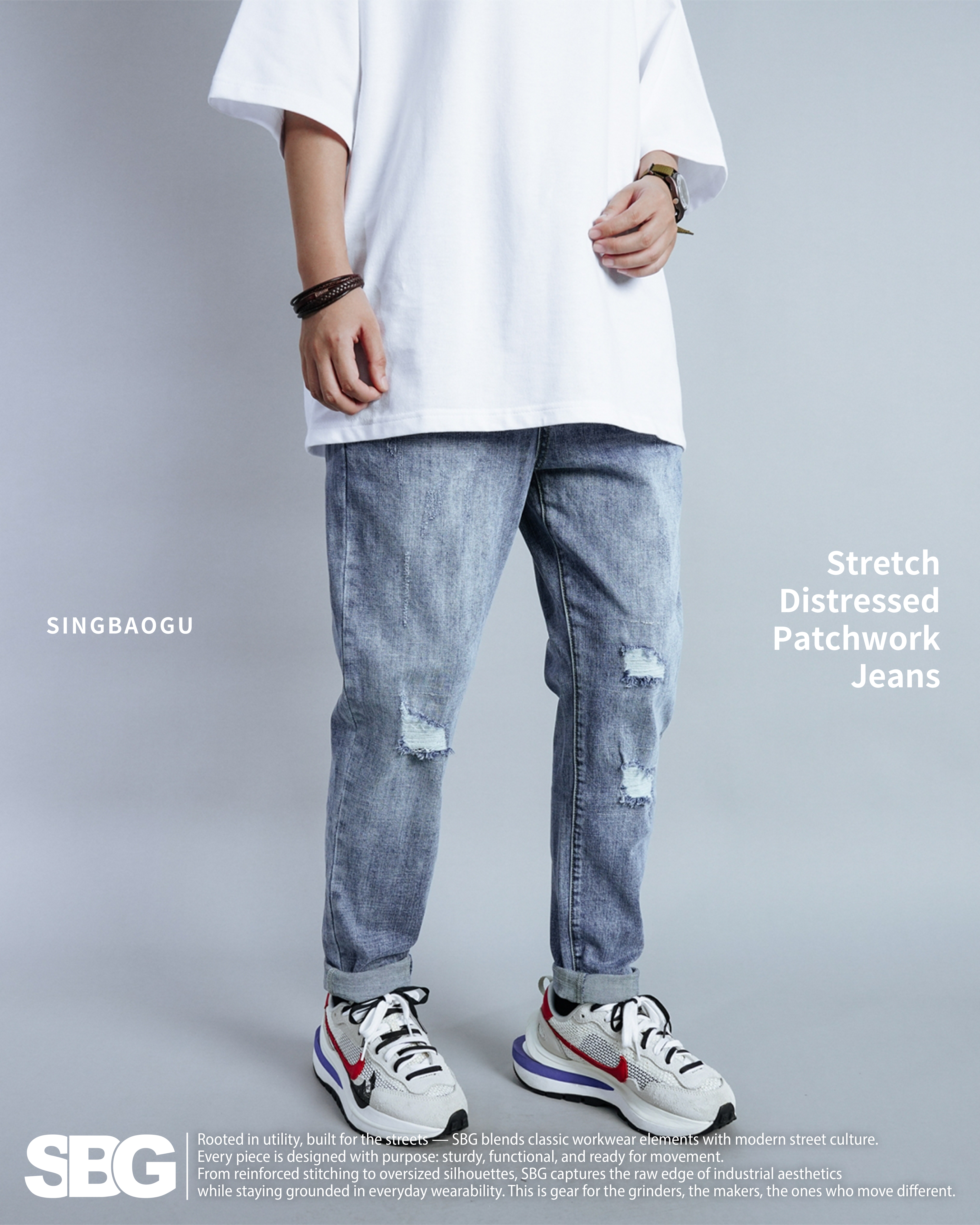 #預購 SBG 上寬下窄彈力抓破補釘牛仔褲 039