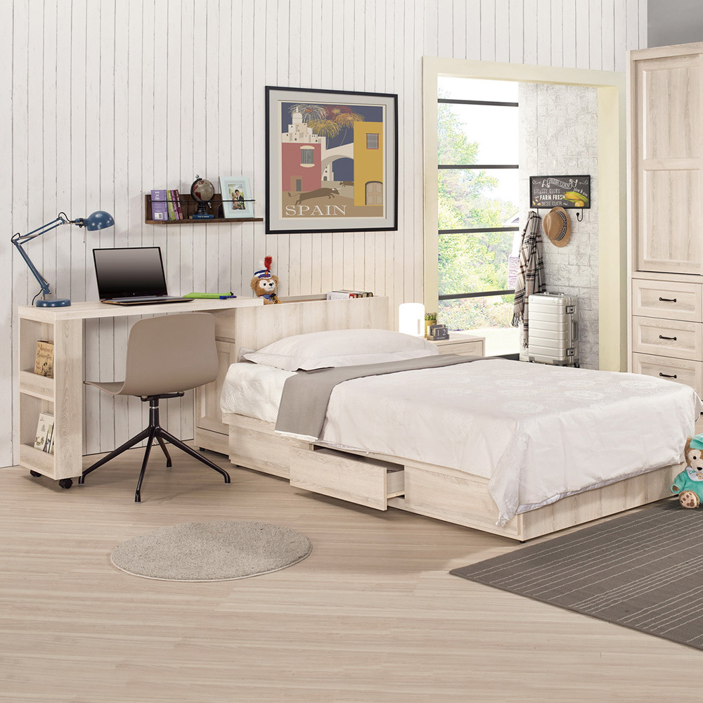 莉蒂3.5尺多功能型書桌單人床組(伸縮書桌型床頭箱+三抽收納床底-不含床墊)