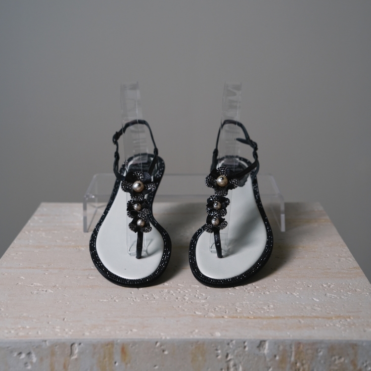 (CF10)Rene Caovilla 黑色水鑽花朵涼鞋 36號