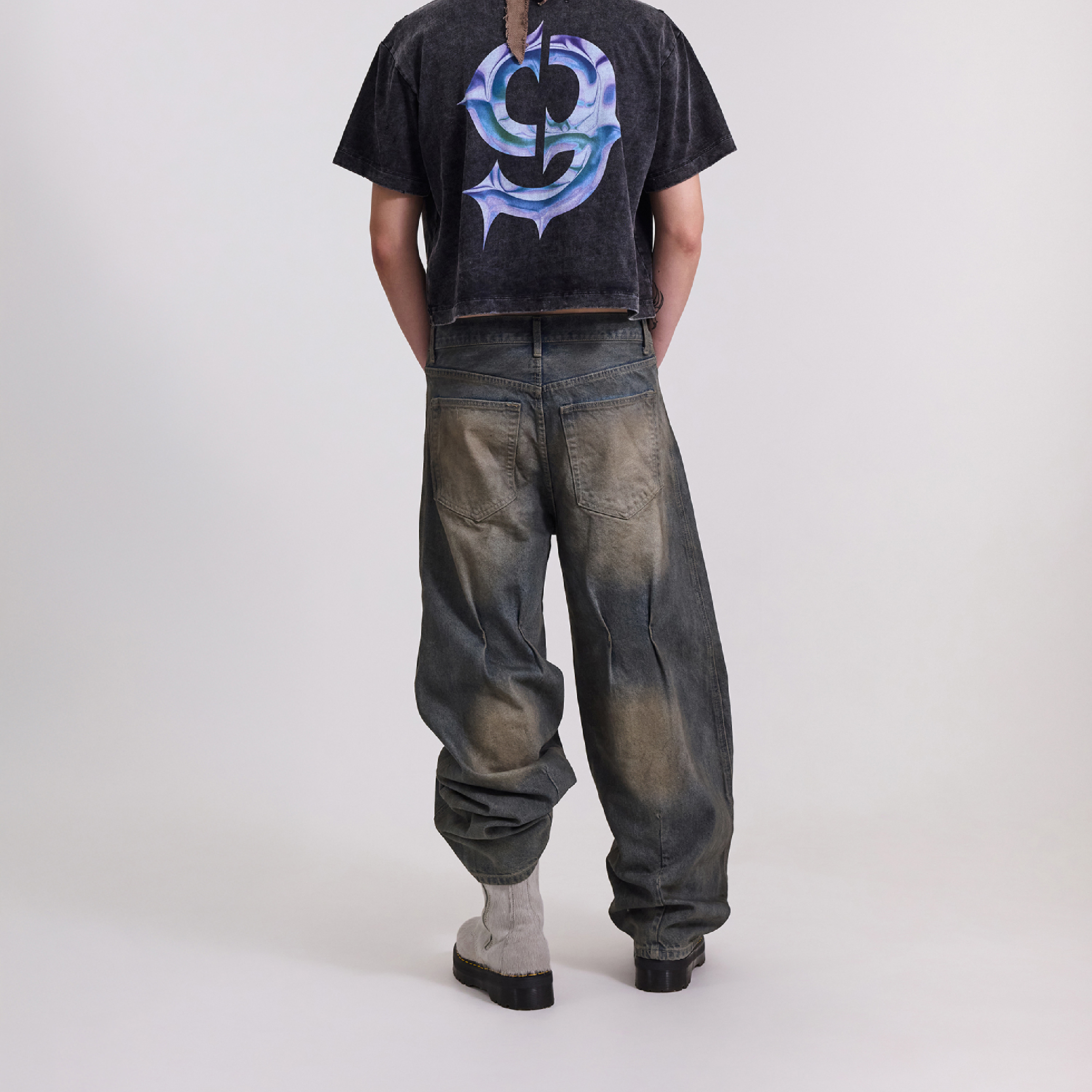 SILVER NINE 重磅髒洗剪接打褶丹寧褲(男女款)