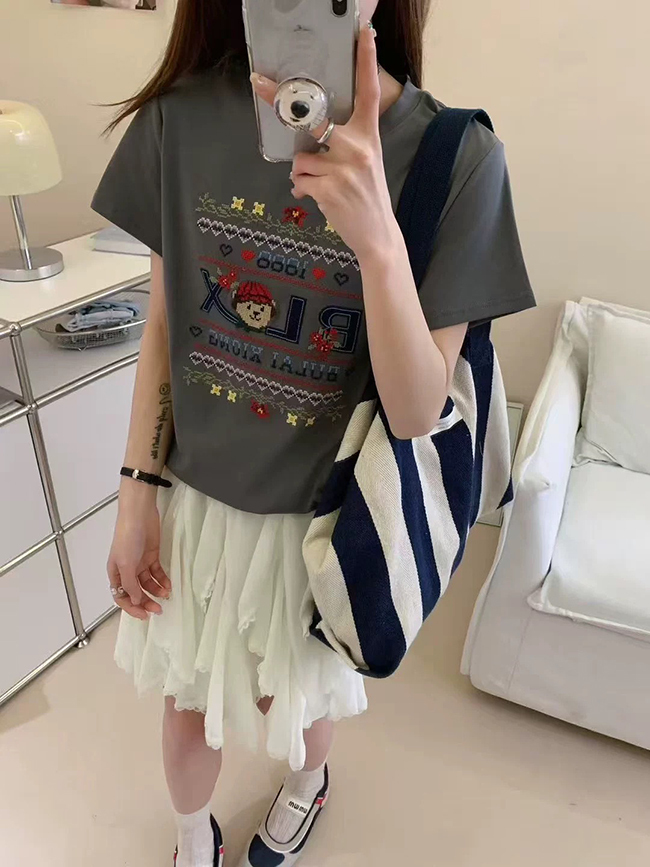 💝新品💝小熊繡花短袖上衣-現貨