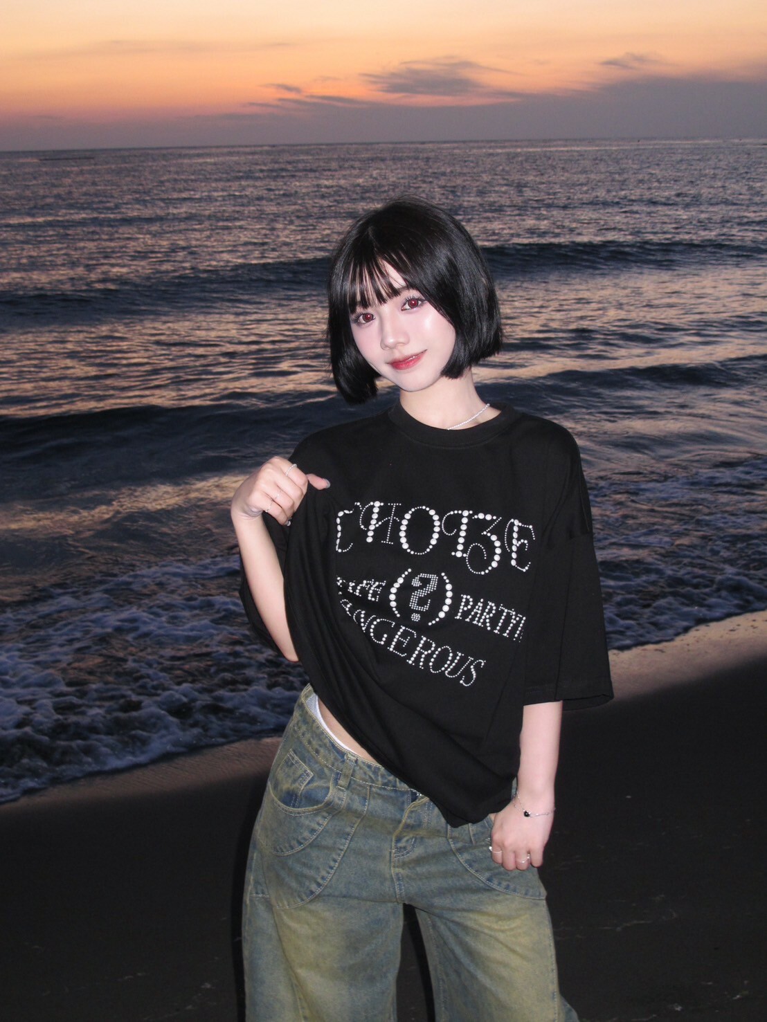 （GOAL）Choize 復古 美式 重磅 寬鬆 熱壓 工藝 珍珠 上衣 短T F5389