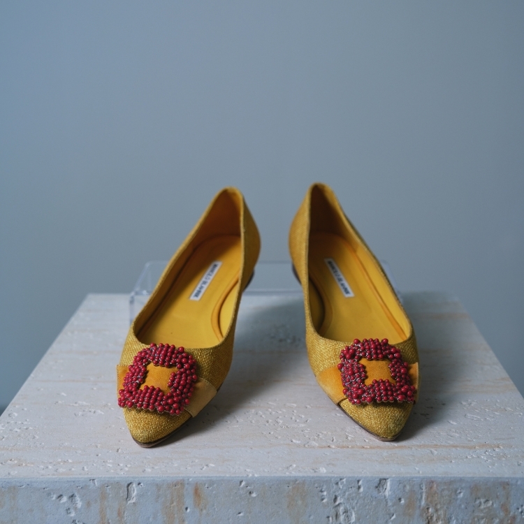 (CF21)Malone 黃底紅珠方形釦 39.5號