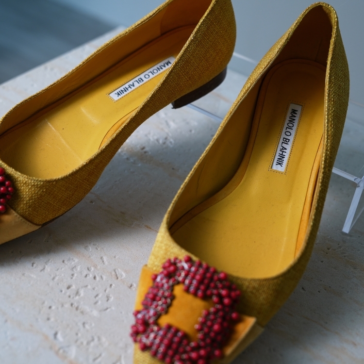 (CF21)Malone 黃底紅珠方形釦 39.5號