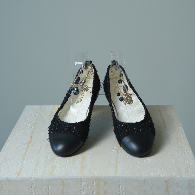 (CF26)Chanel 黑色毛呢藍色珠串芭蕾舞鞋 39號
