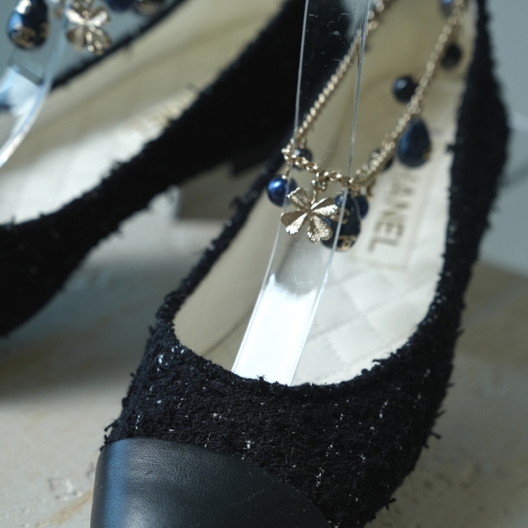 (CF26)Chanel 黑色毛呢藍色珠串芭蕾舞鞋 39號