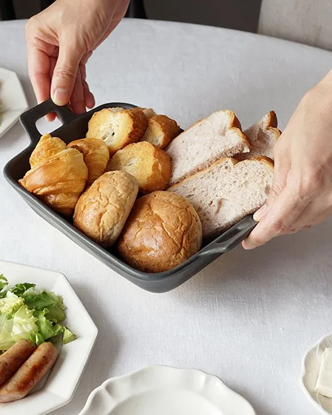 餐店風 長方雙耳盤 炭灰｜益子燒