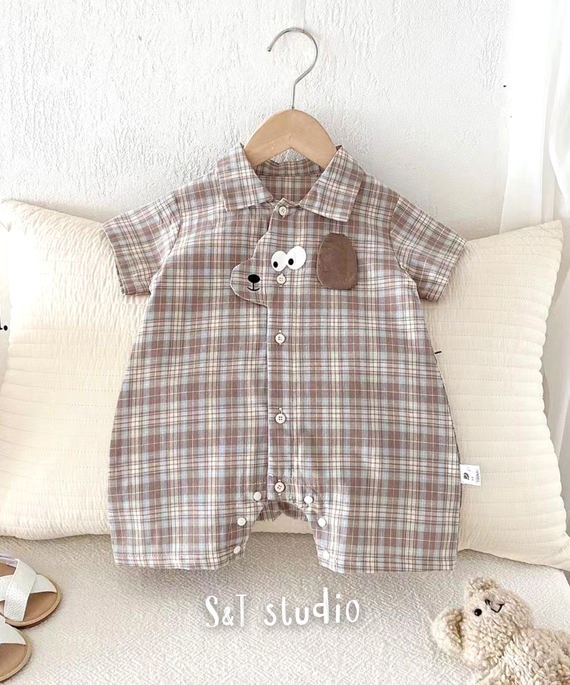 藍咖格子耳朵連身爬服(66-90)