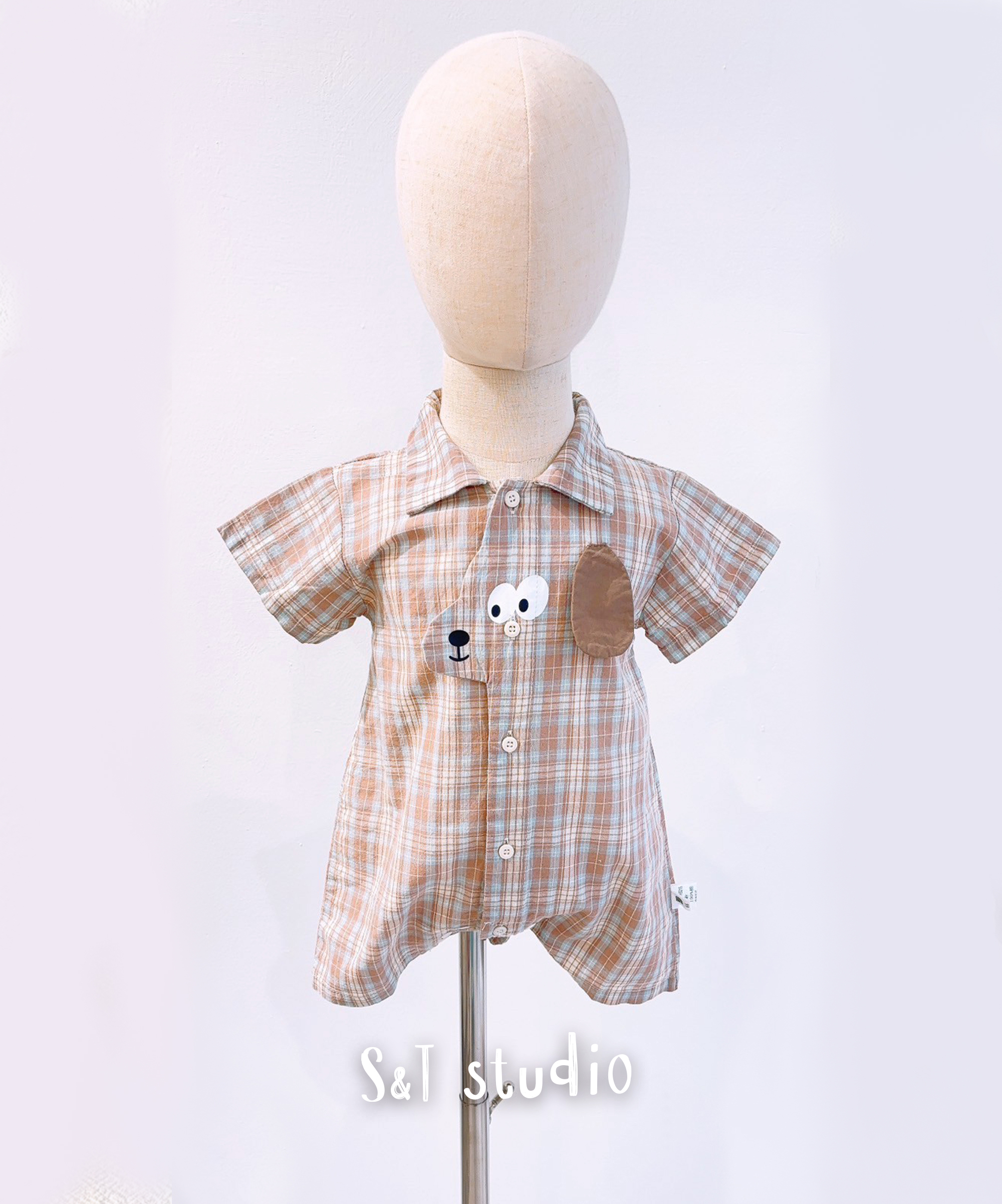 藍咖格子耳朵連身爬服(66-90)