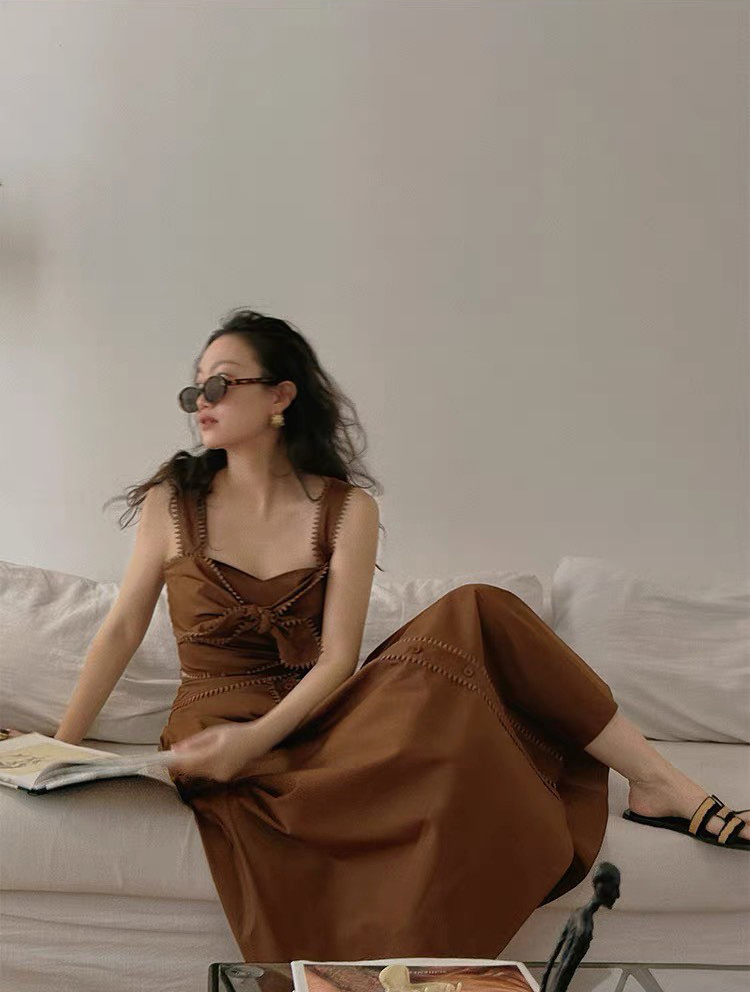 焦糖咖蝴蝶結短版背心+傘擺長裙SET-XS-L (Elegant & Love)