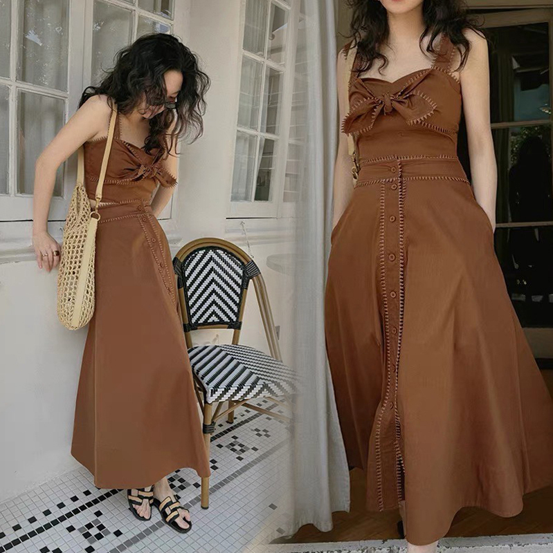焦糖咖蝴蝶結短版背心+傘擺長裙SET-XS-L (Elegant & Love)