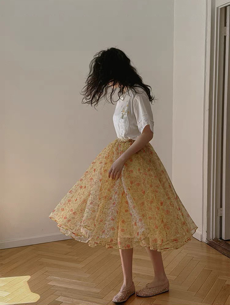 檸檬黃浪漫點點色系澎澎傘擺長裙XS-L (Elegant & Love)