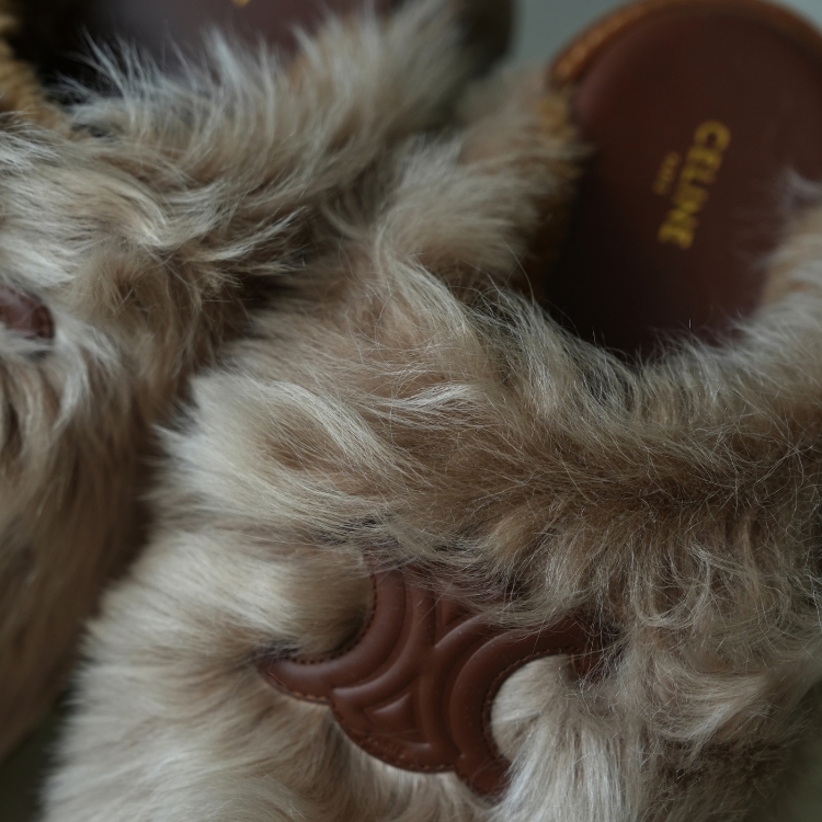 (CF40)CELINE 棕色長毛凱旋門拖鞋 38號