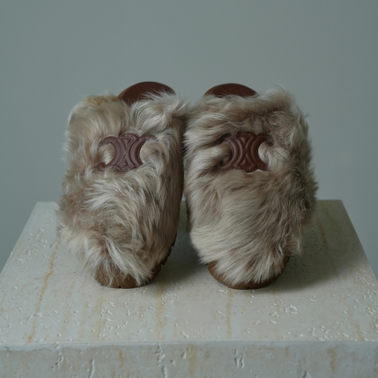 (CF40)CELINE 棕色長毛凱旋門拖鞋 38號