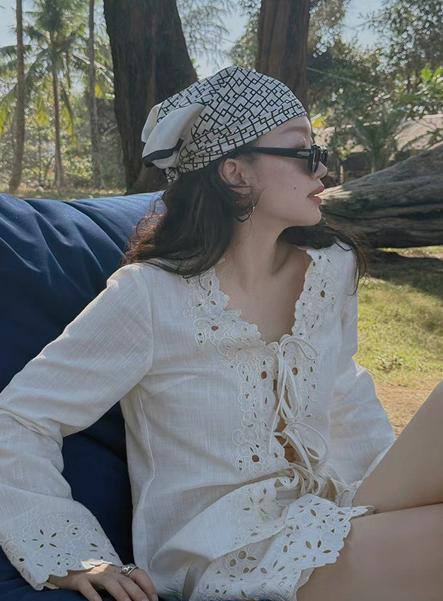 雲朵白蕾絲滾邊綁帶罩衫上衣+短褲SET-XS-L (Elegant & Love)