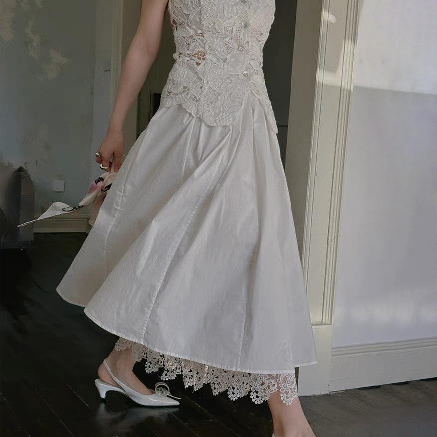 雲朵白下擺拼接層次蕾絲傘擺長裙XS-L (Elegant & Love)