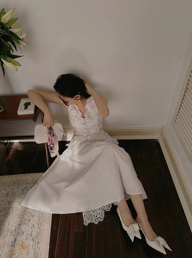 雲朵白下擺拼接層次蕾絲傘擺長裙XS-L (Elegant & Love)