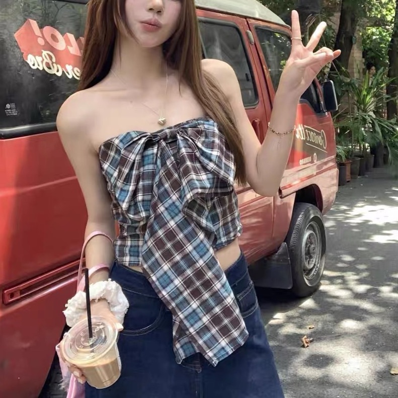 蝴蝶結格紋平口上衣/單一色