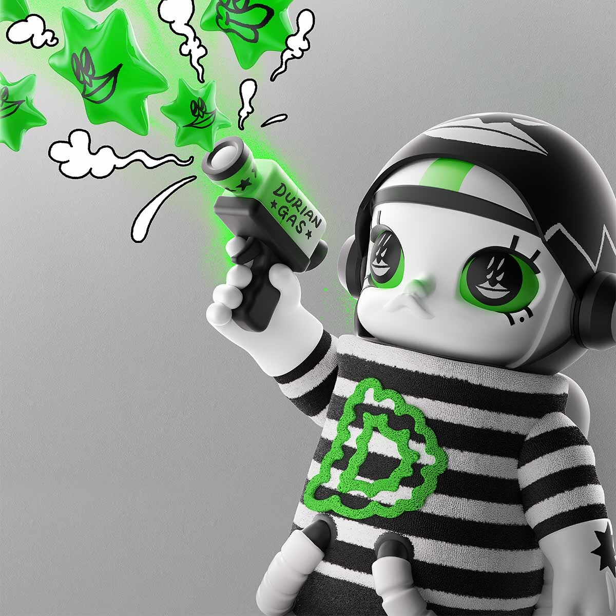 POPMART POP MART 泡泡瑪特 MEGA SPACE MOLLY LALA COMPANY 榴蓮人 黑白條紋 塗鴉毛絨頭套 400% 公仔