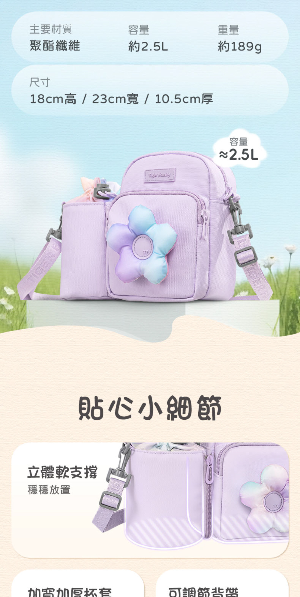 2in1隨身水壺袋容量約2.5L，重量約189g，合併後包寬約23cm 高約18cm 厚度約10.5cm