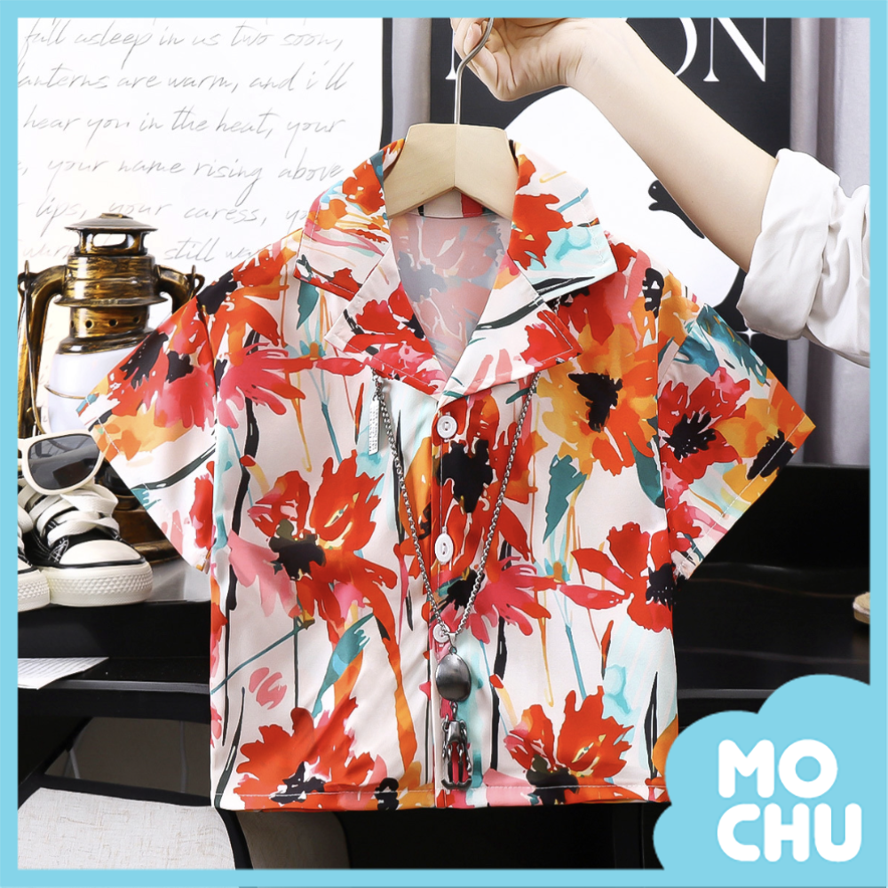 鮮豔花朵休閒沙灘花襯衫