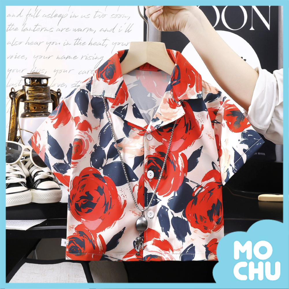 紅玫瑰休閒沙灘花襯衫