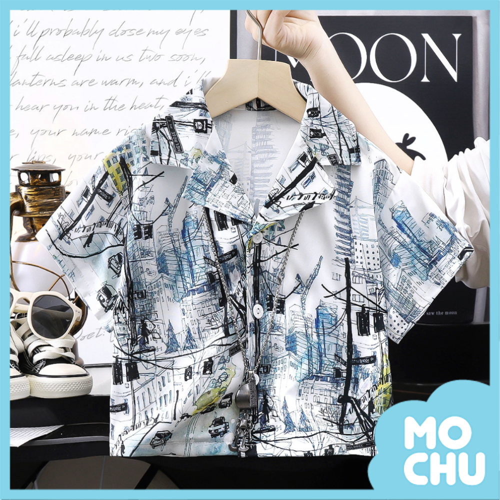 手繪城市休閒沙灘花襯衫