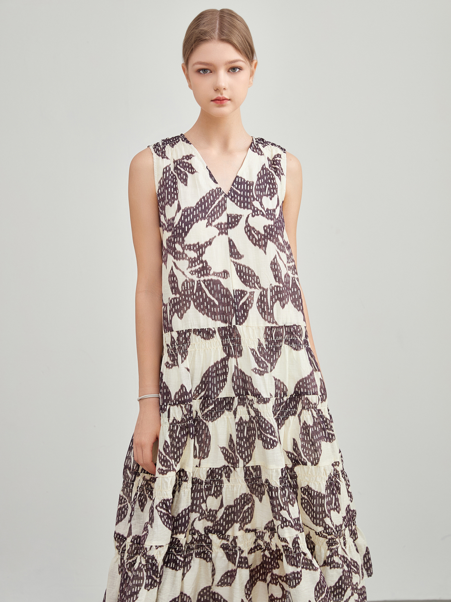 mi-tu 印花V領無袖連身裙