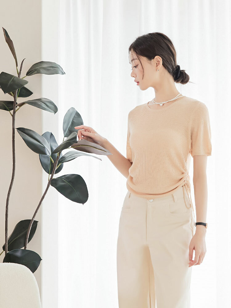 垂墜感綁帶短袖針織上衣