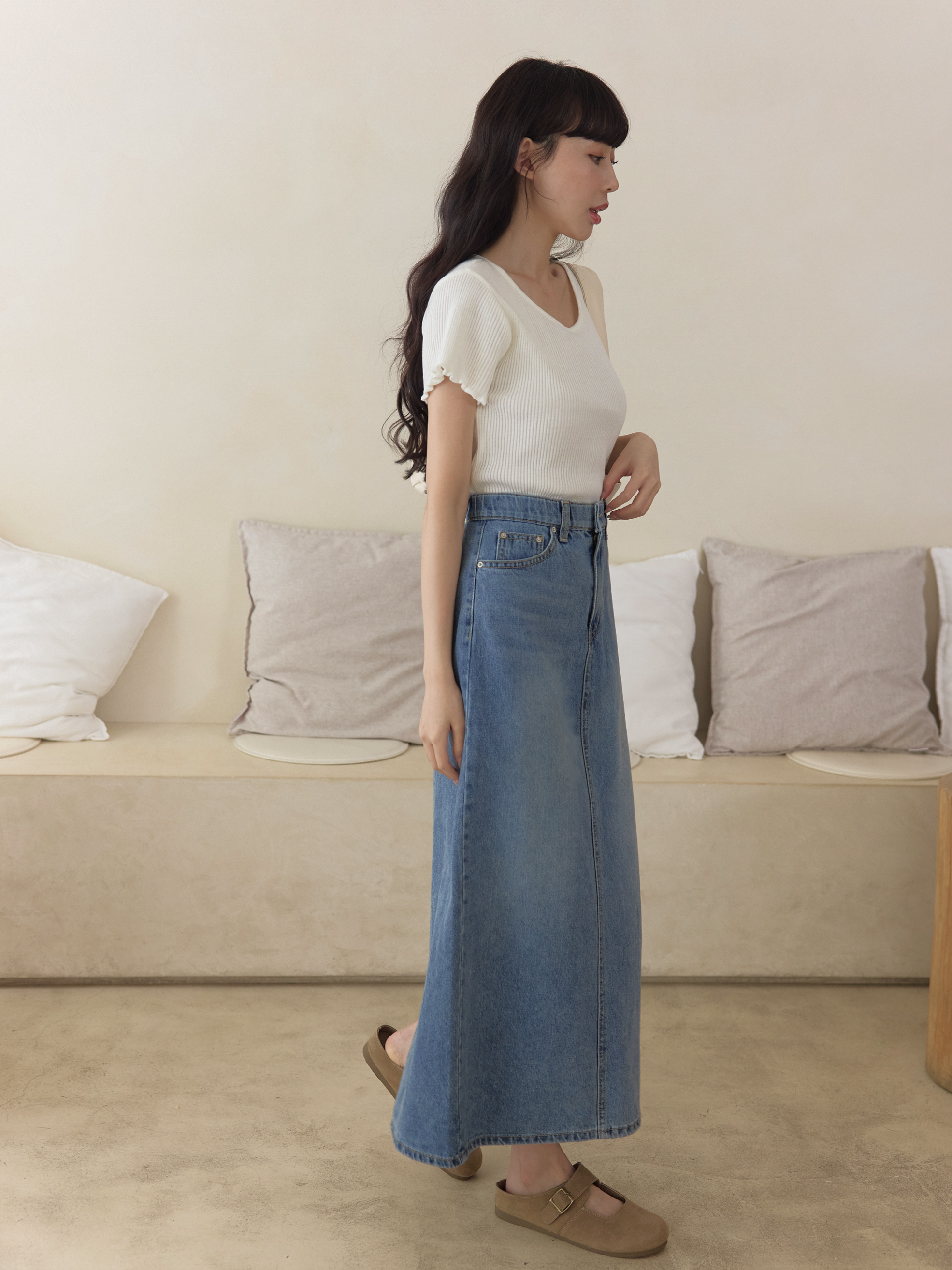 輕丹寧修身薄牛仔長裙