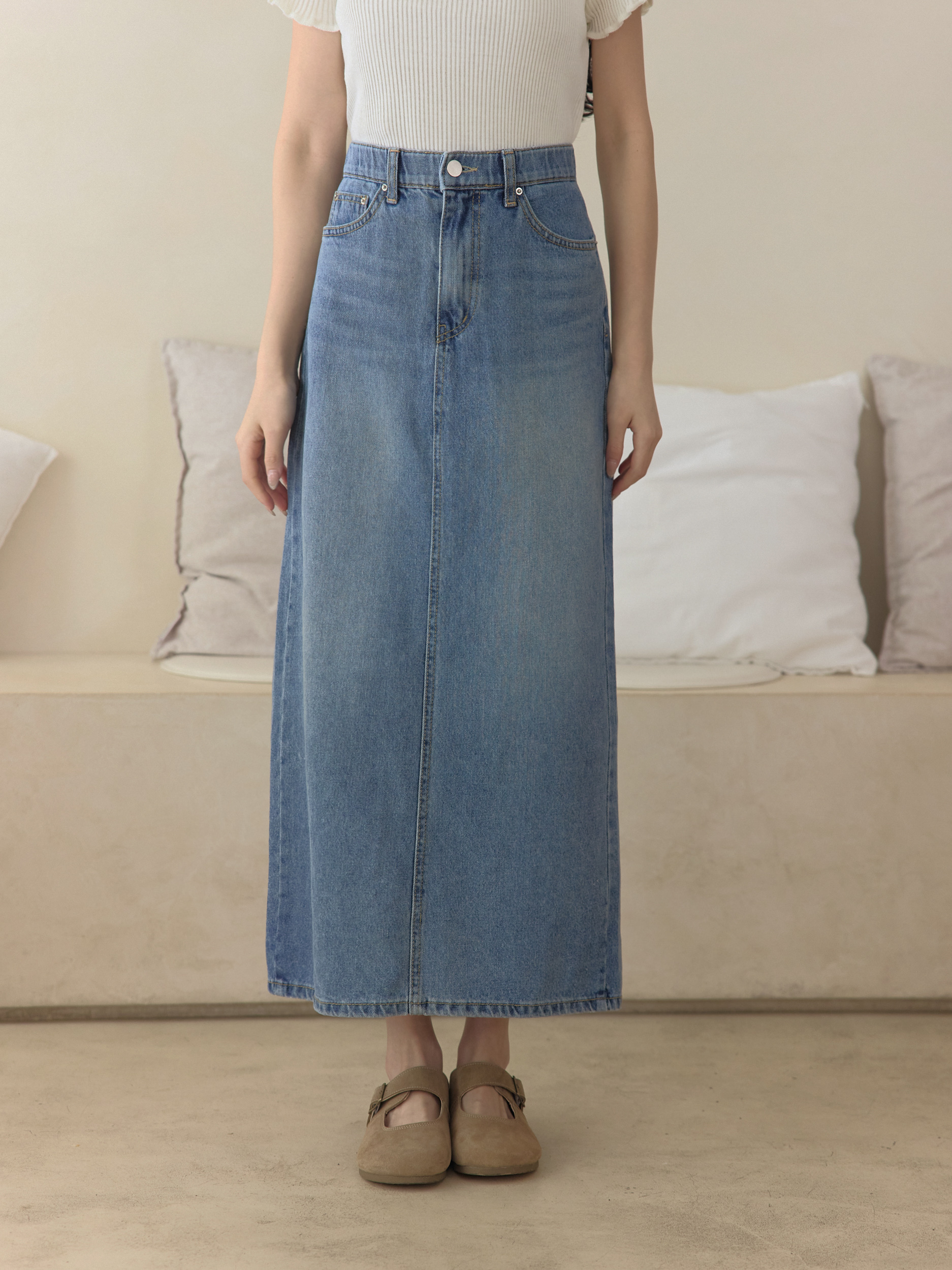 輕丹寧修身薄牛仔長裙