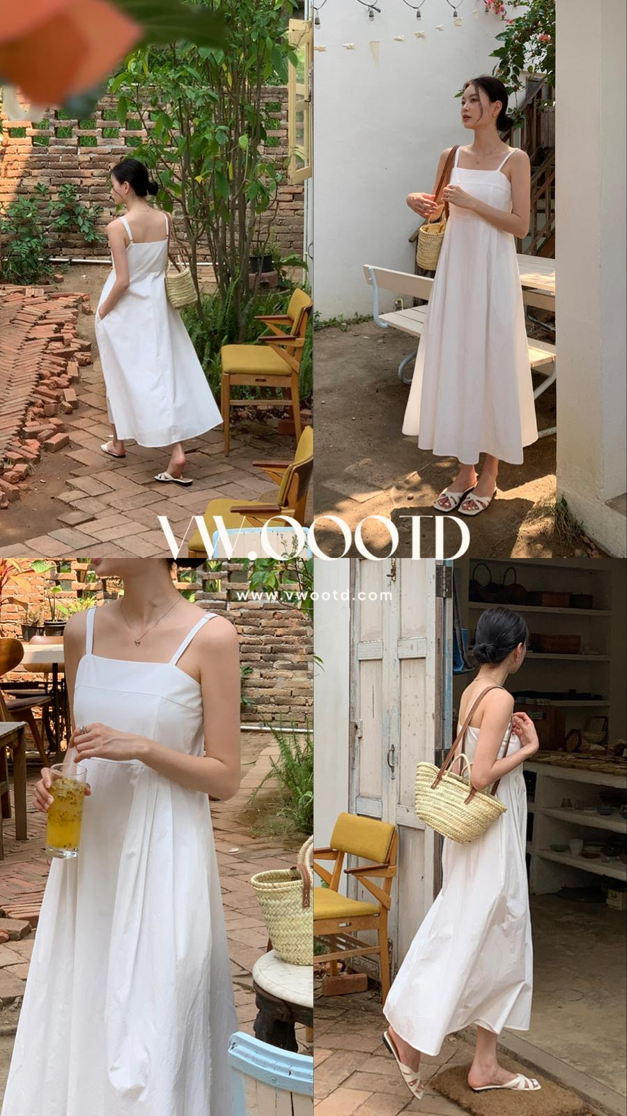 [長版]平口吊帶修腰連身裙(白色)