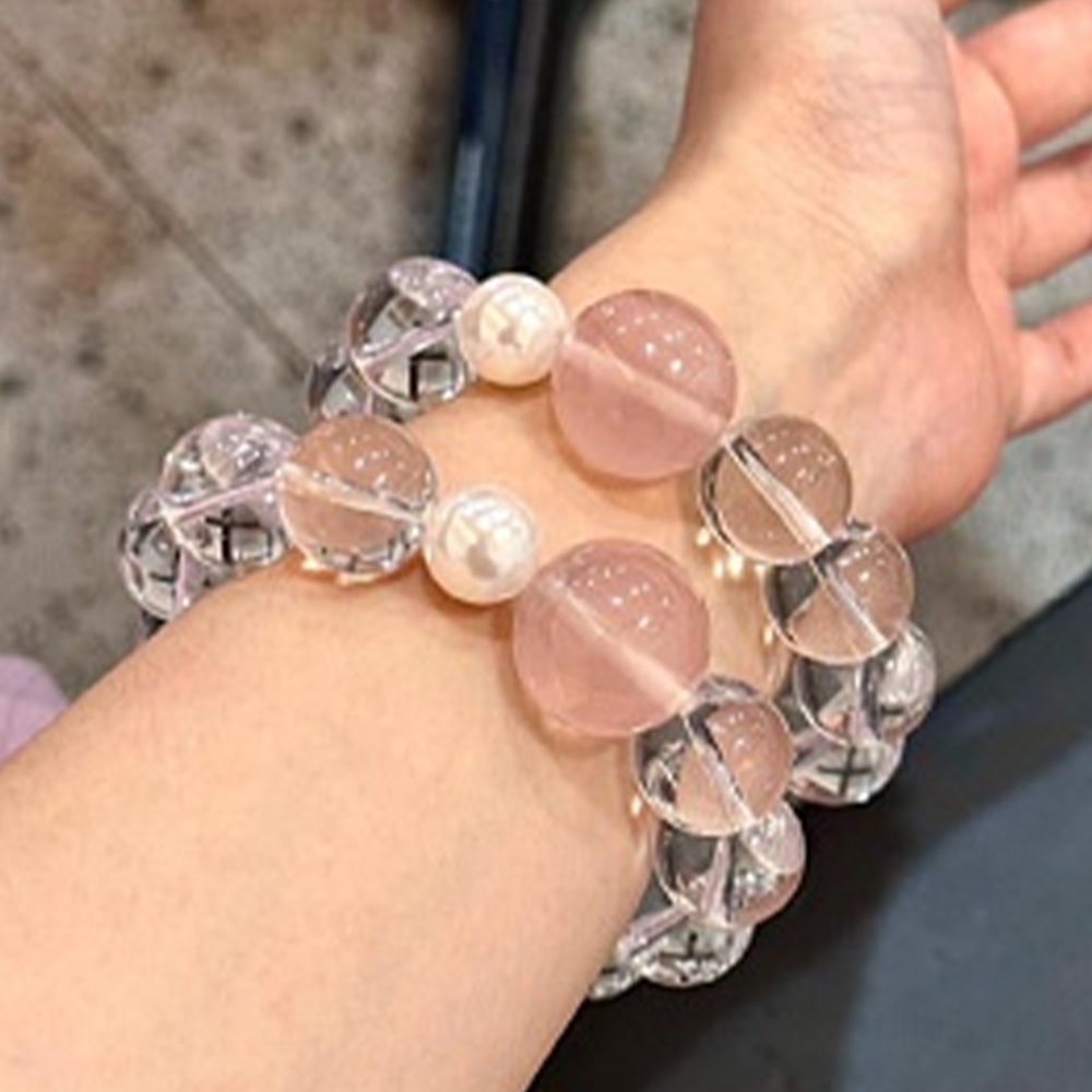 水晶手鍊 飾品 粉晶手串 手鍊 天然水晶 圓珠手鍊 白水晶 14mm 女生手鍊 珍珠手串 單圈手鍊 串珠手鍊 禮物449