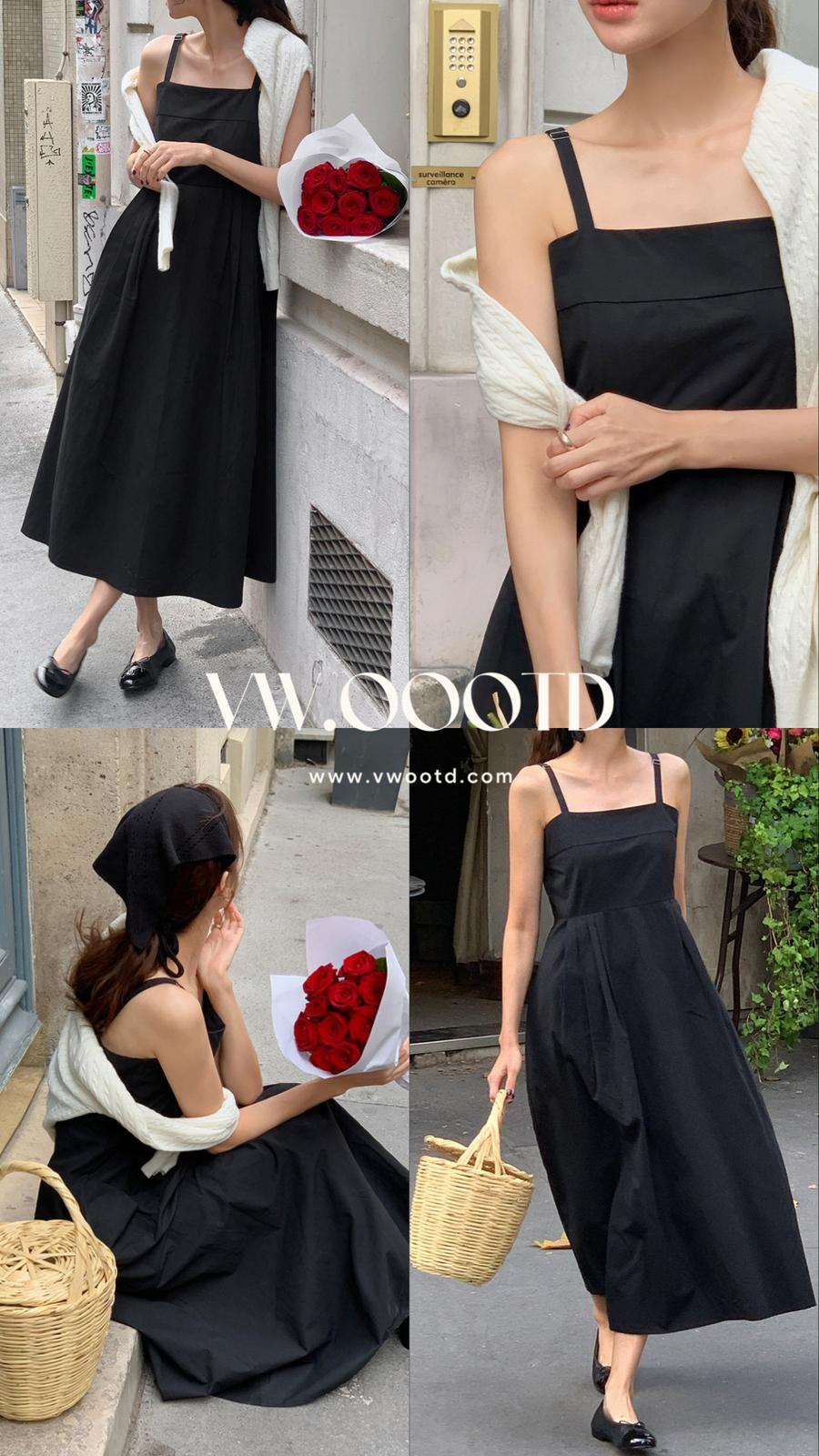[長版]平口吊帶修腰連身裙(黑色)