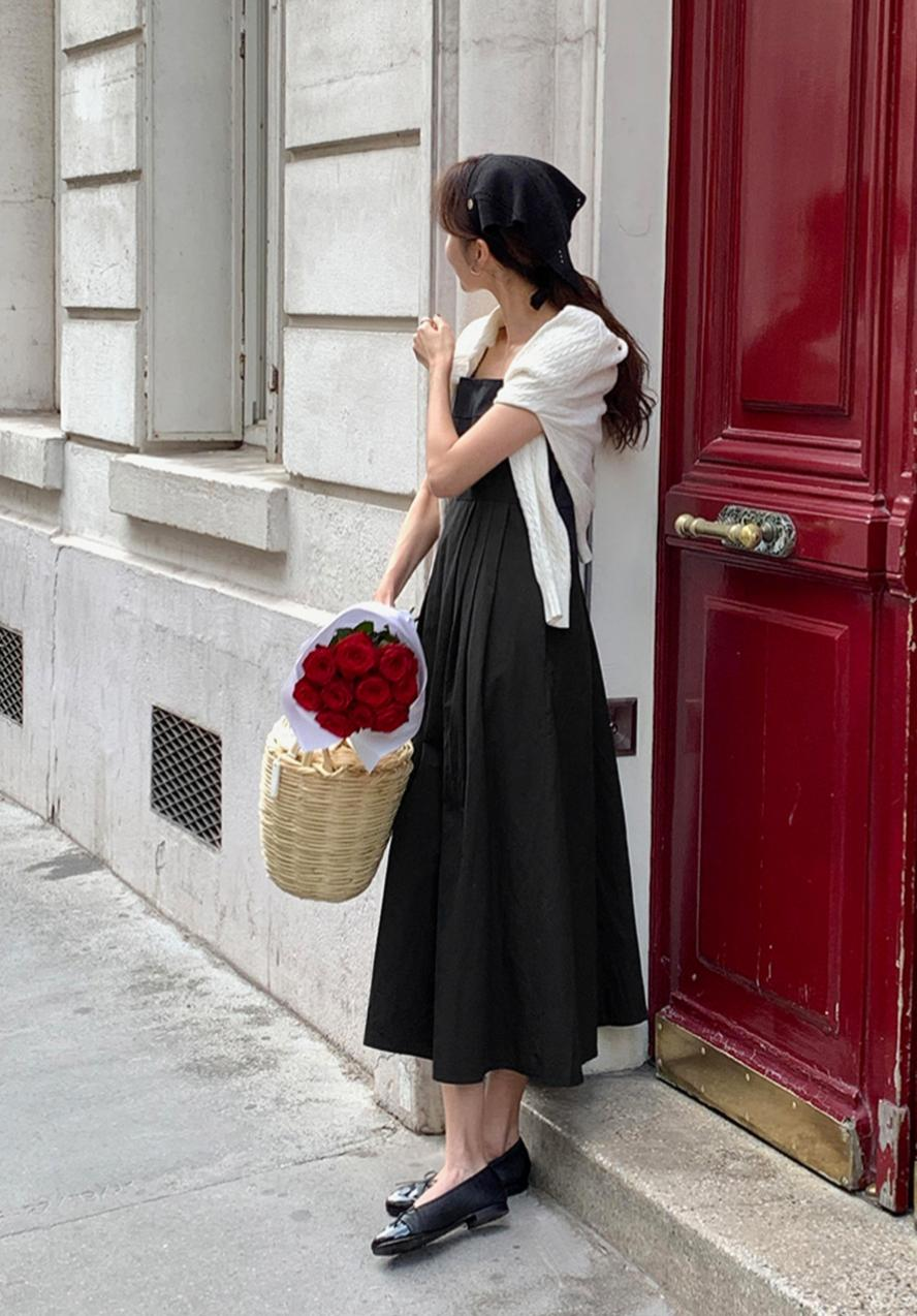 [長版]平口吊帶修腰連身裙(黑色)