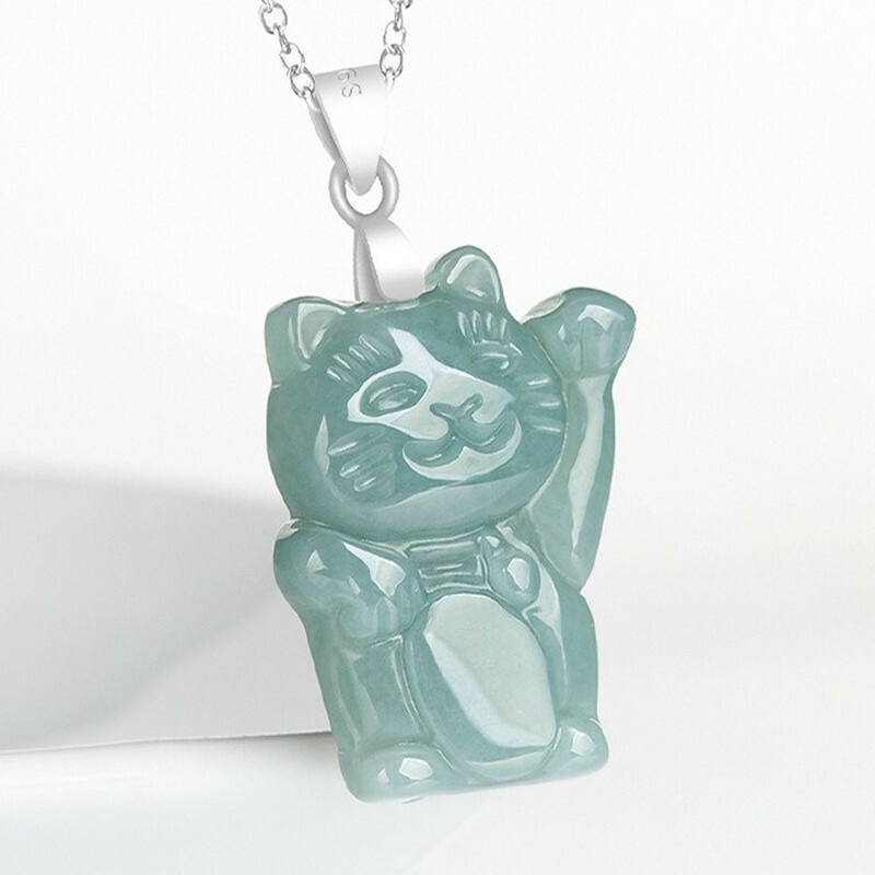 項鍊 翡翠項鍊 藍水招財貓 飾品 銀鍊項鍊 首飾 頂級翡翠 女生項鍊 糯種玉石 玉項鍊 吊墜 s925銀 項鍊女 281