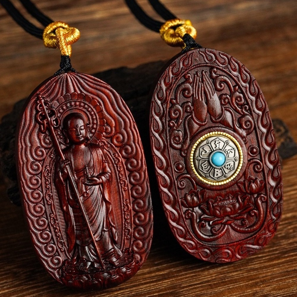 佛牌項鍊 飾品 吊墜 項鍊 天然 紫檀木 地藏王菩薩 木雕 掛墜 掛件 本命年 保平安 地藏王 守護神 轉運項鍊 271