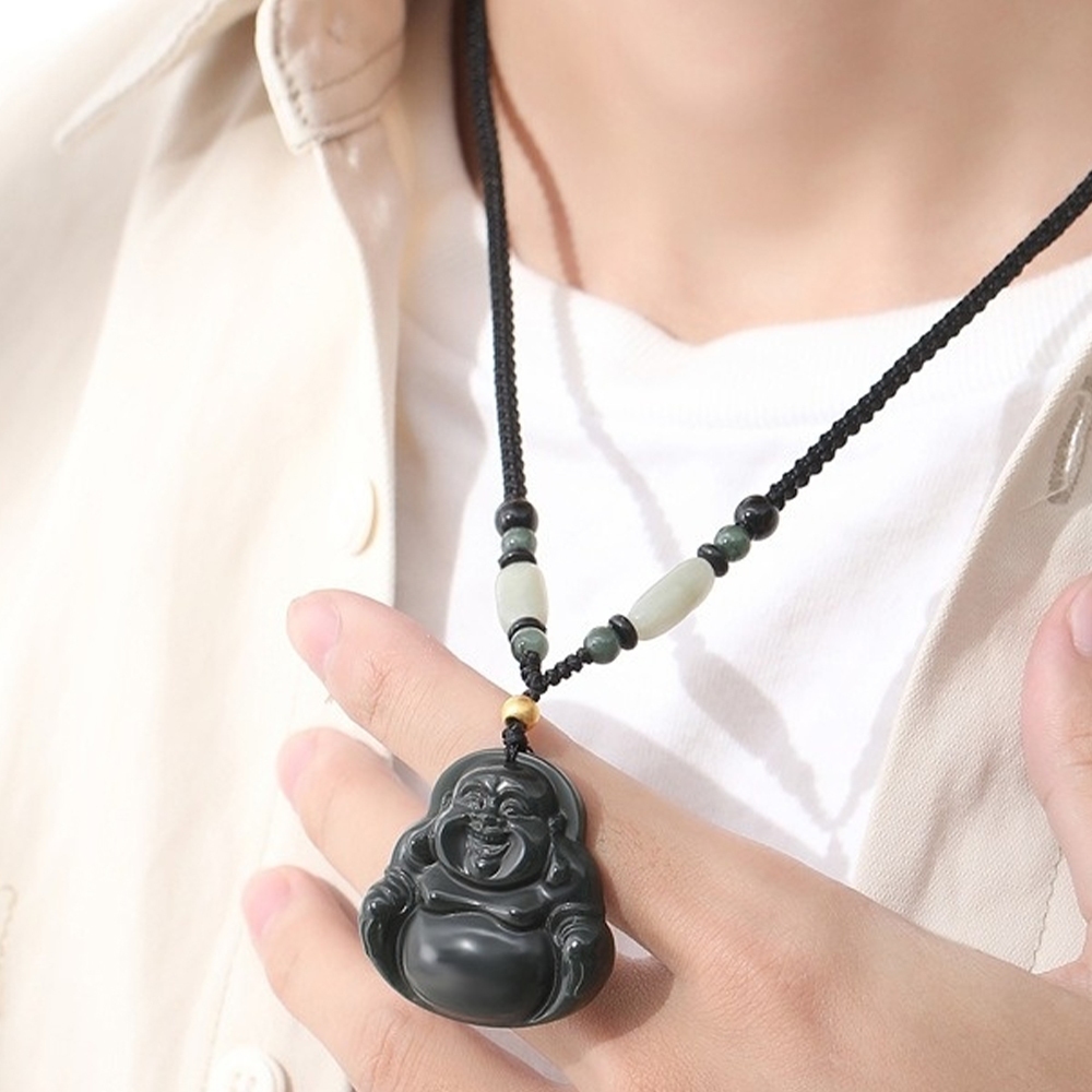 飾品 項鍊 項鍊男 和田玉 彌勒佛 佛像 佛牌項鍊 吊飾 吊墜 足金999 編繩項鍊 首飾 彌勒佛玉墜 雕刻 401