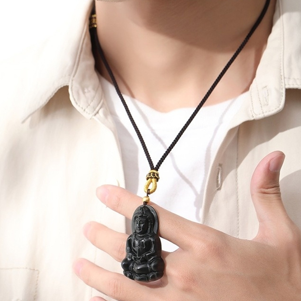 飾品 項鍊 男生項鍊 和田玉 玉石 觀音像 佛像 吊墜 足金999 編繩項鍊 首飾 保平安 雕刻 護身符 玉珮 400