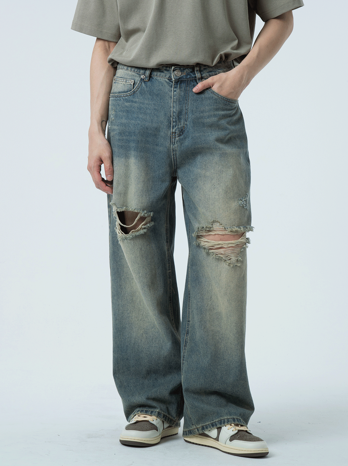 復古水洗刷破髒髒褲