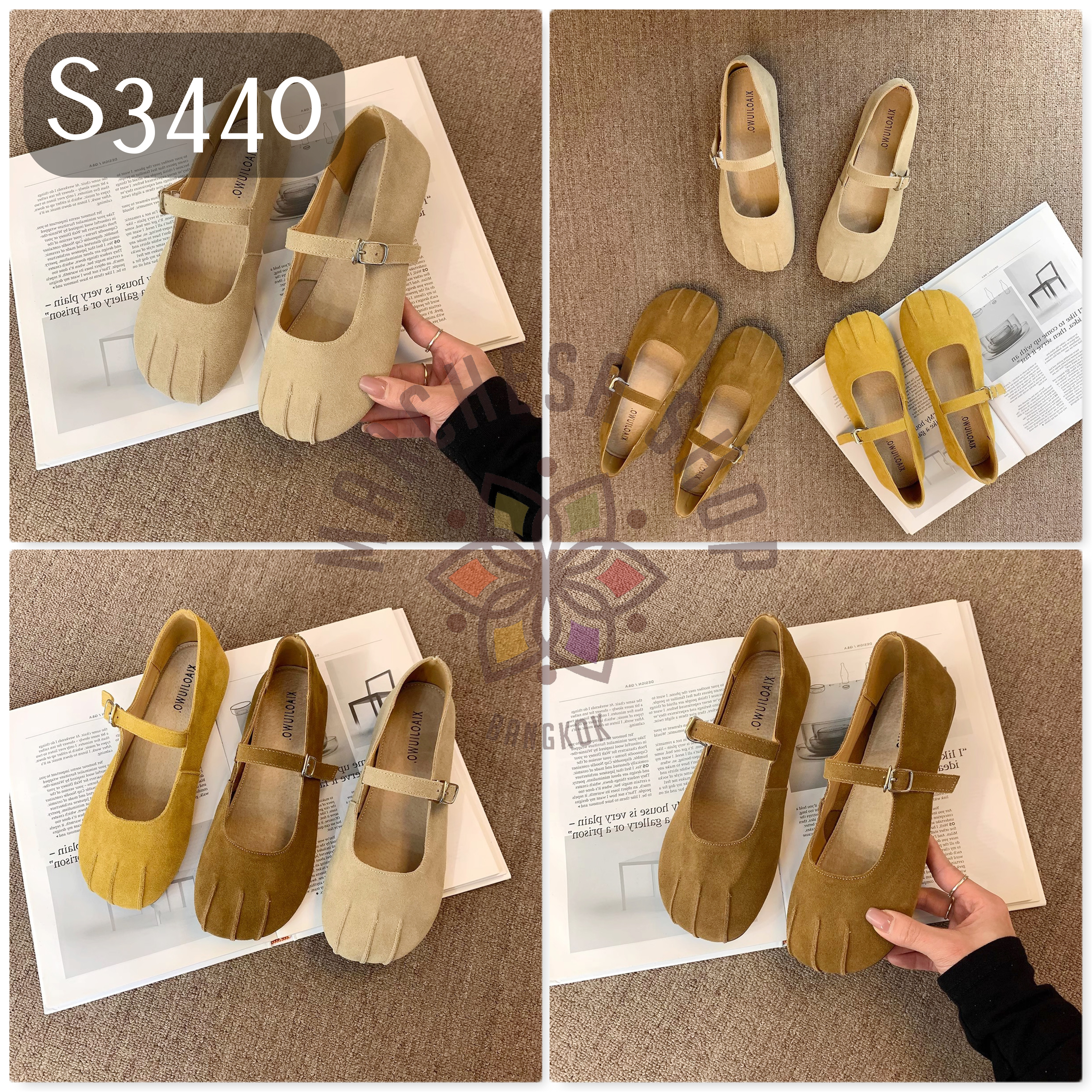 S3440 - 猄皮立體車綫一字帶平底鞋