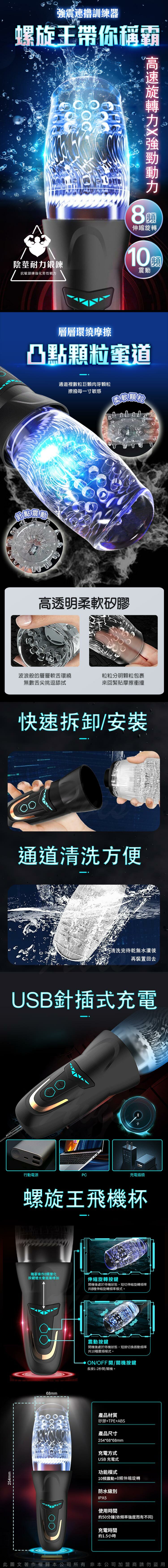 螺旋王飛機杯產品結構解析，高透軟膠內膽、快速拆洗設計、USB針插式充電，滿足高速旋轉、震動、伸縮三重玩法需求