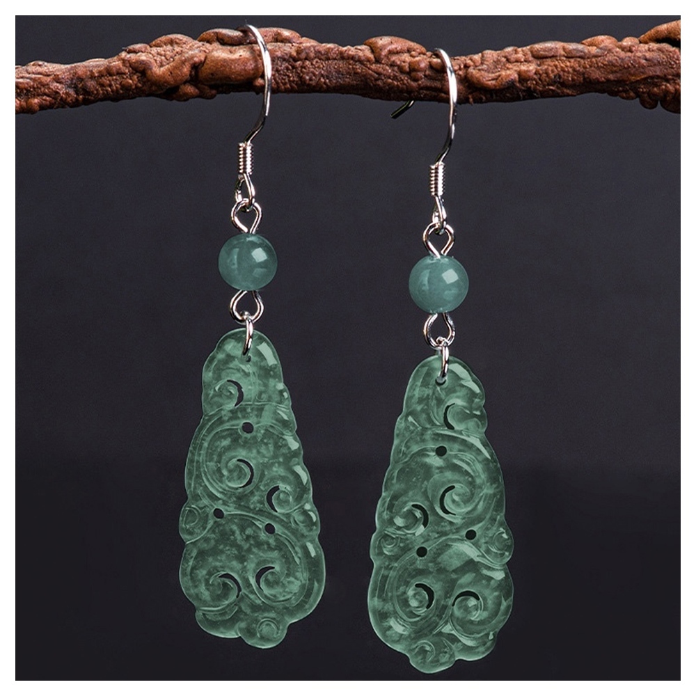 耳環 耳勾 垂墜耳環 純銀耳還 翡翠耳環 玉耳環 藍水 如意耳環 冰種玉石 古風耳環 耳墜 耳飾 保平安 禮物 093