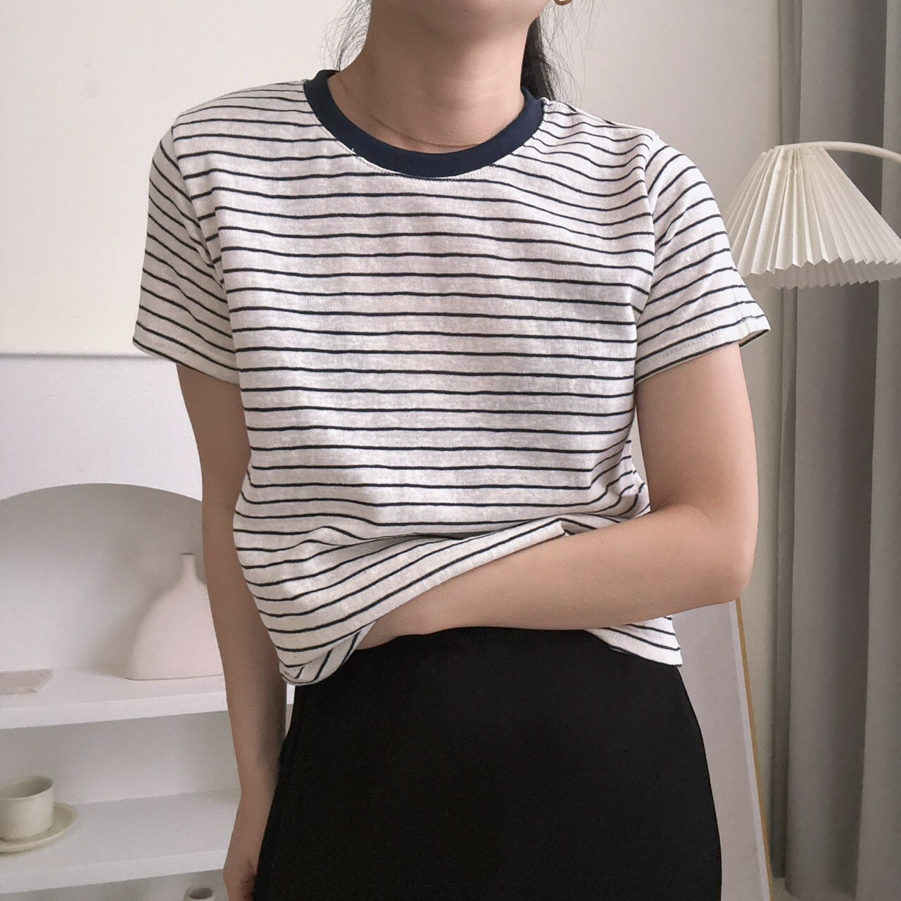 復古橫條圓領上衣（現貨）